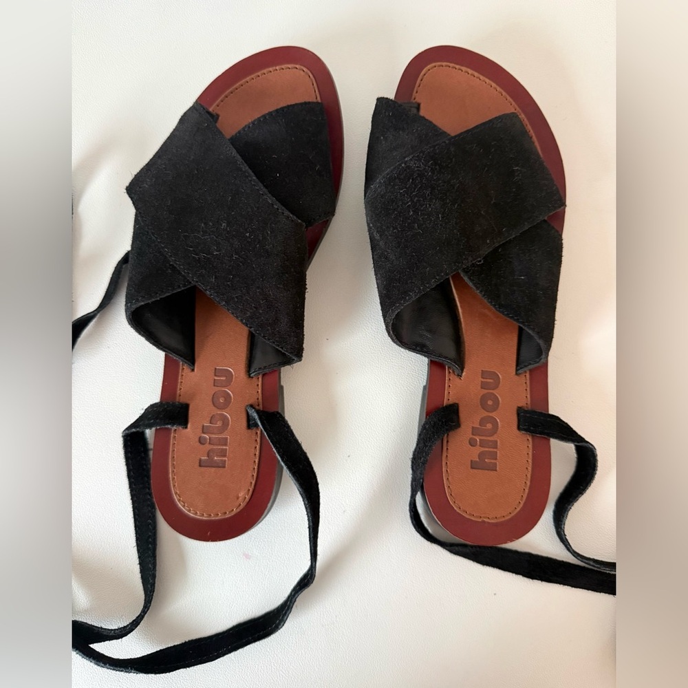 Hibou Bohemian Black Suede Ankle Wrap Flat Sandals | Lace-Up Open Toe NWT - Picture 10 of 13